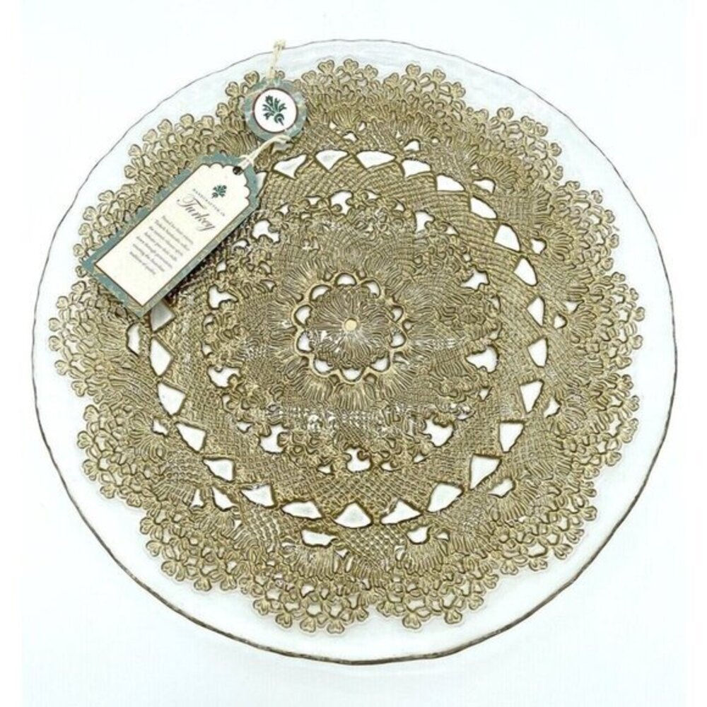 Turkish Glass Entrée Plates Hand Painted Gold Lace Set of 4 NWT Clear Glass NWT